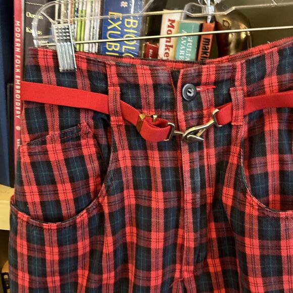 Plaid Y2K Punk Tapered Zip Fly Club Sportif De Paris Size 9 Red Belt 90s Black - Picture 2 of 6